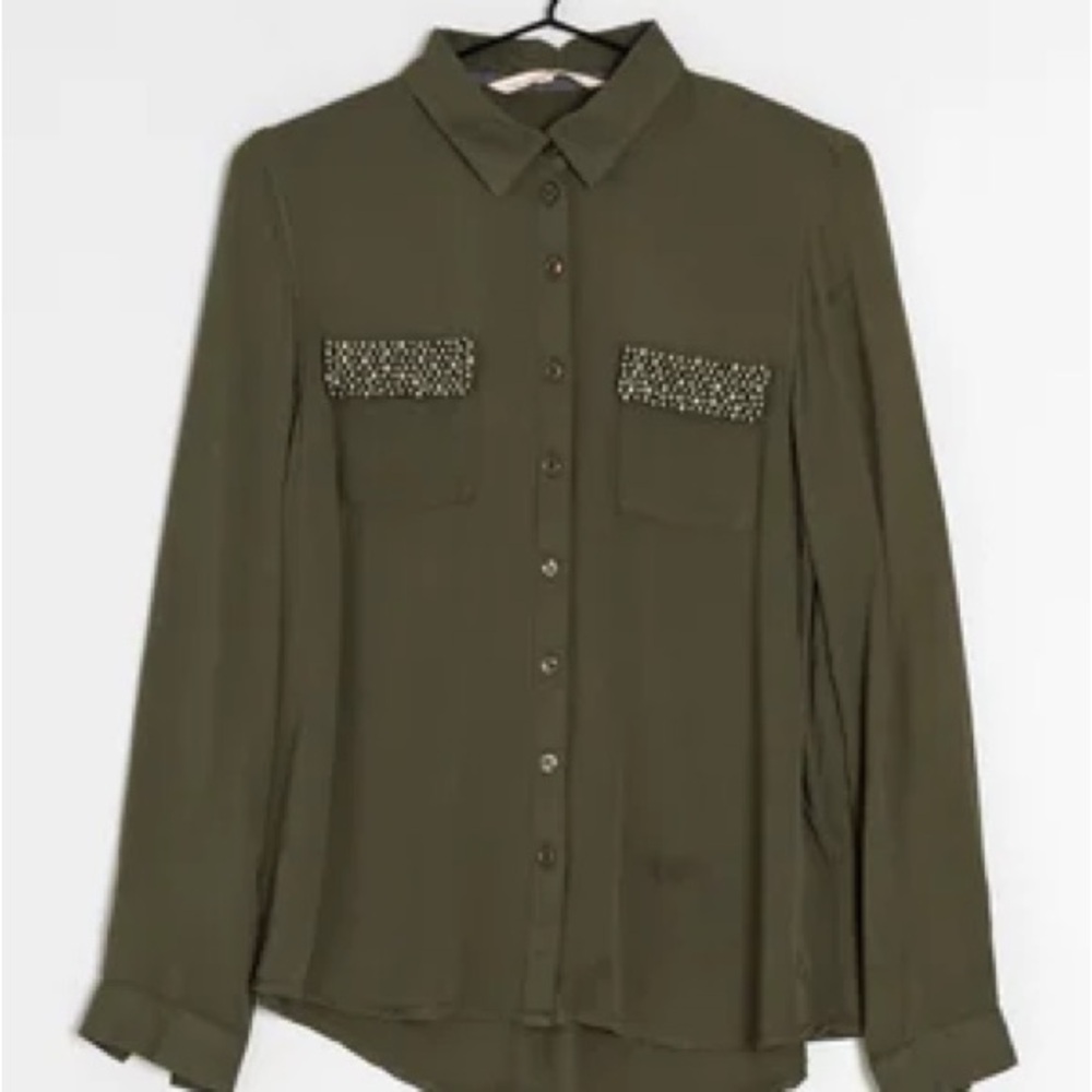 Pearl embellished army green blouse